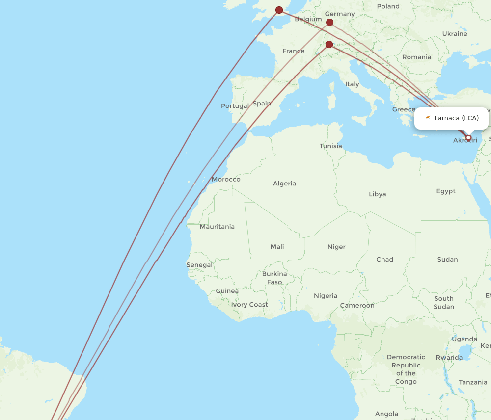 GRU to LCA flights and routes map