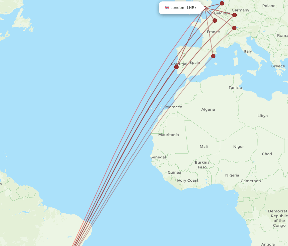 GRU to LHR flights and routes map