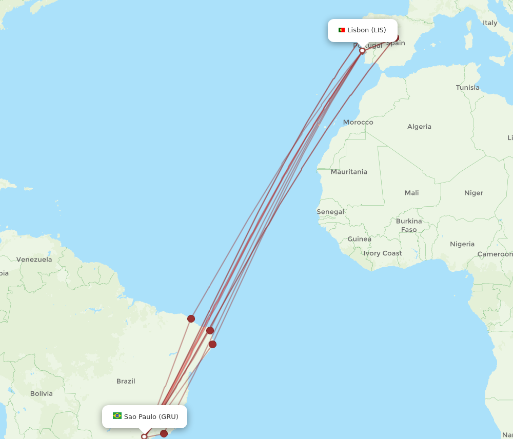GRU to LIS flights and routes map