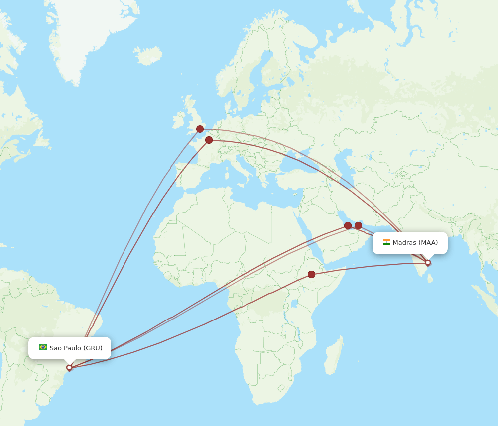 GRU to MAA flights and routes map