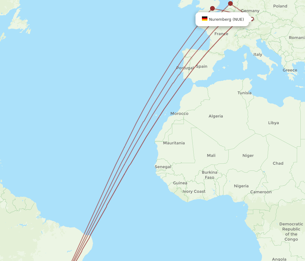 GRU to NUE flights and routes map