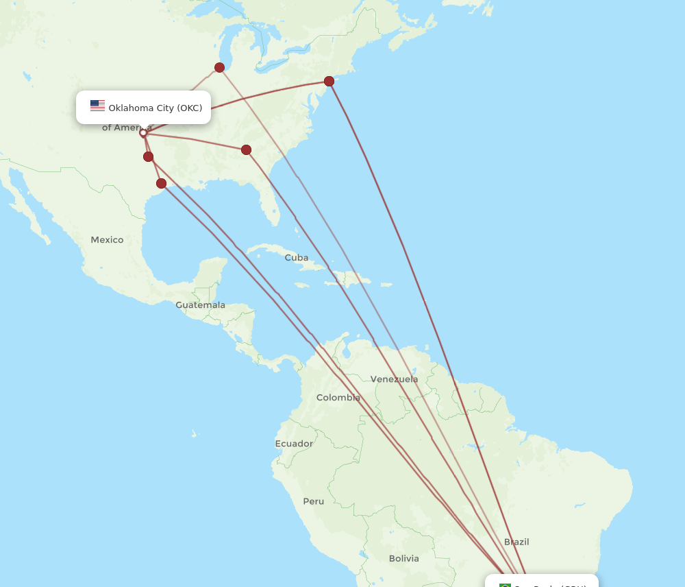 GRU to OKC flights and routes map
