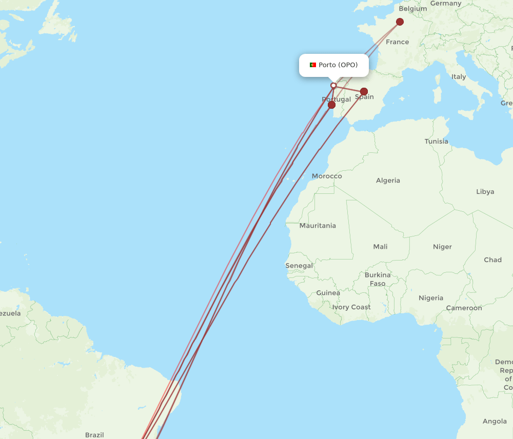 GRU to OPO flights and routes map