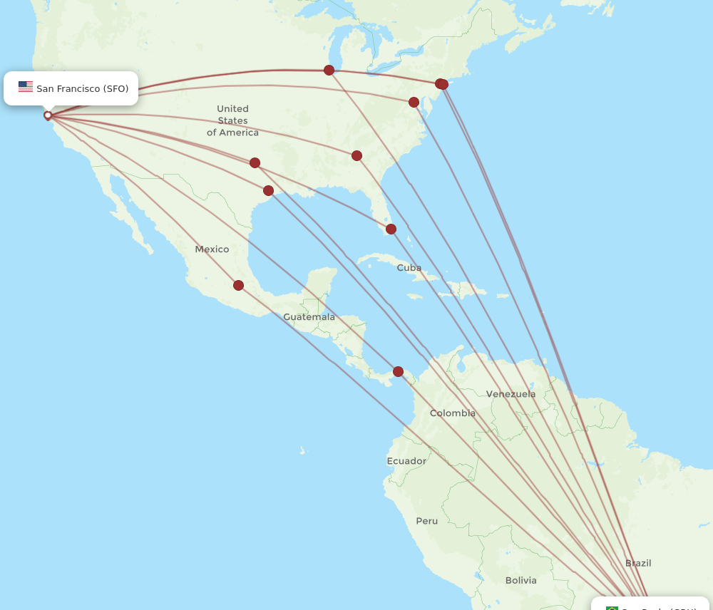 GRU to SFO flights and routes map