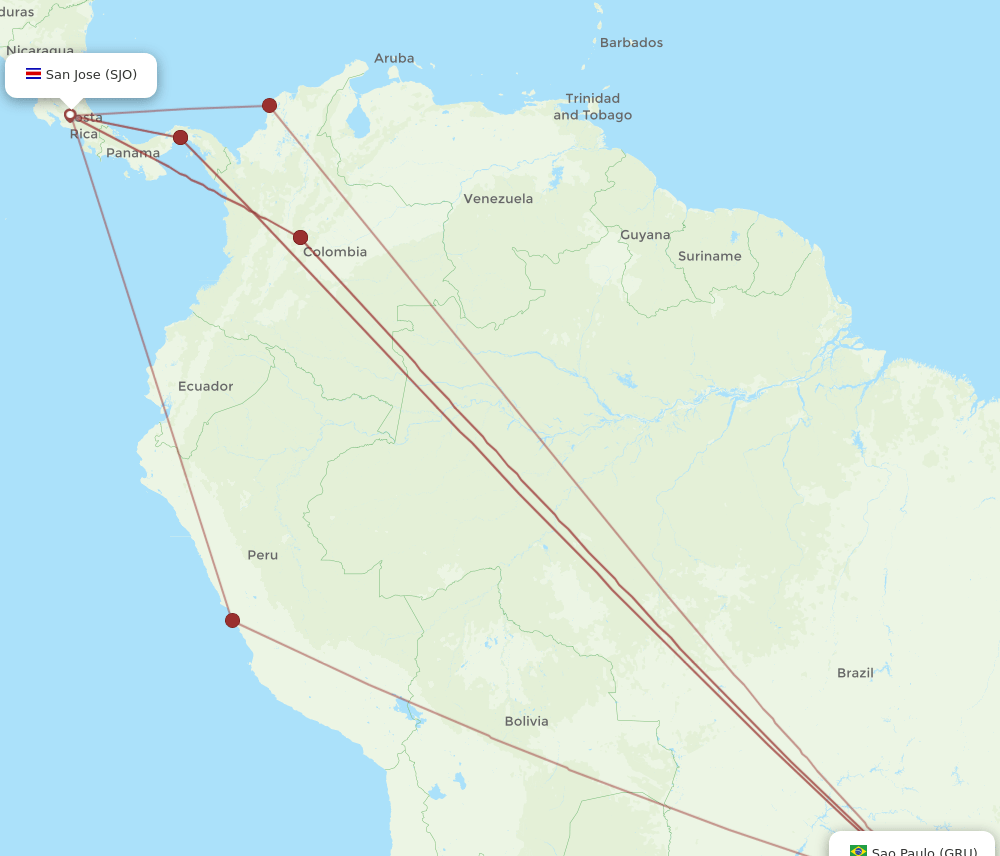 GRU to SJO flights and routes map