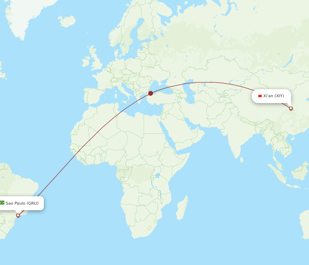 GRU to XIY flights and routes map