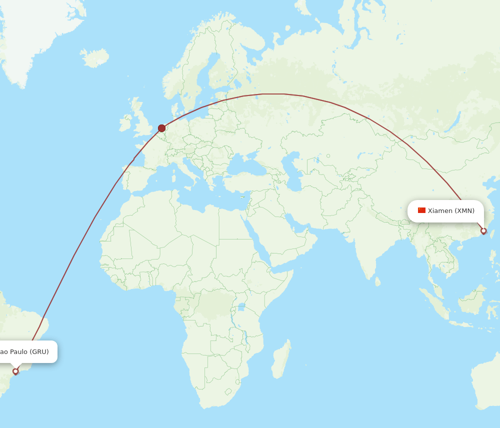 Xiamen - Sao Paulo route map and flight paths
