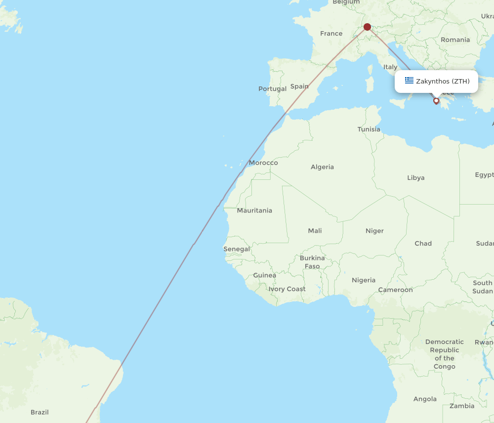 Zakinthos - Sao Paulo route map and flight paths