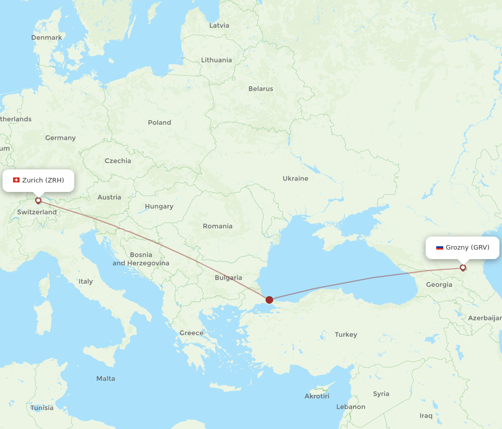Zurich - Groznyy route map and flight paths
