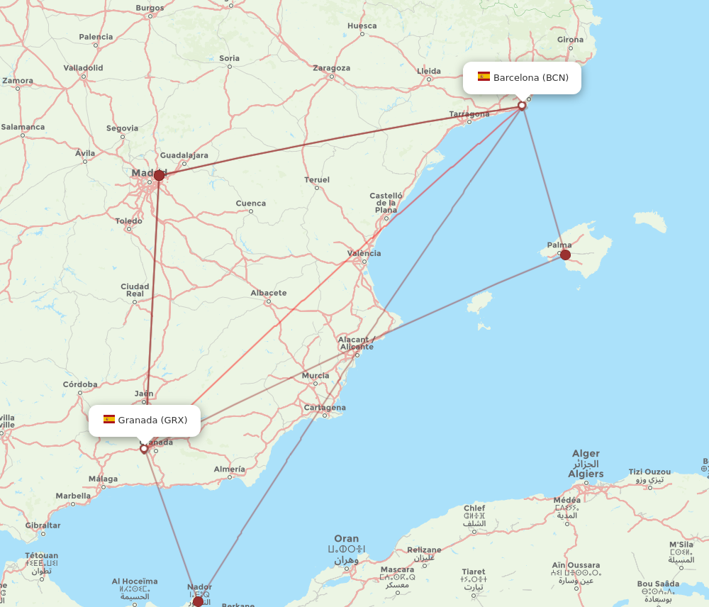 GRX to BCN flights and routes map