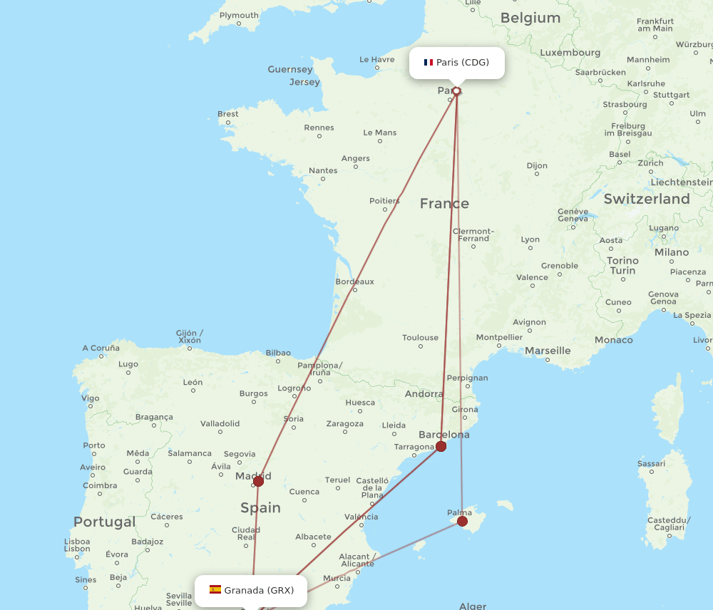 GRX-CDG flight routes