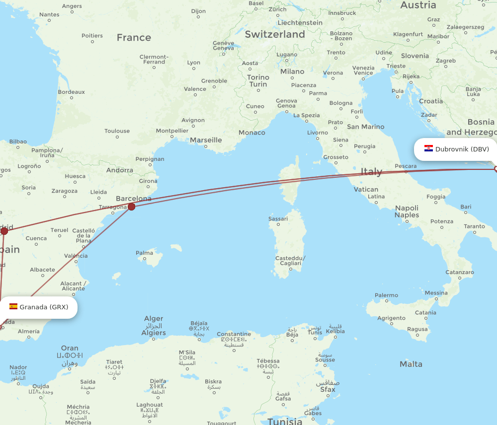 GRX to DBV flights and routes map