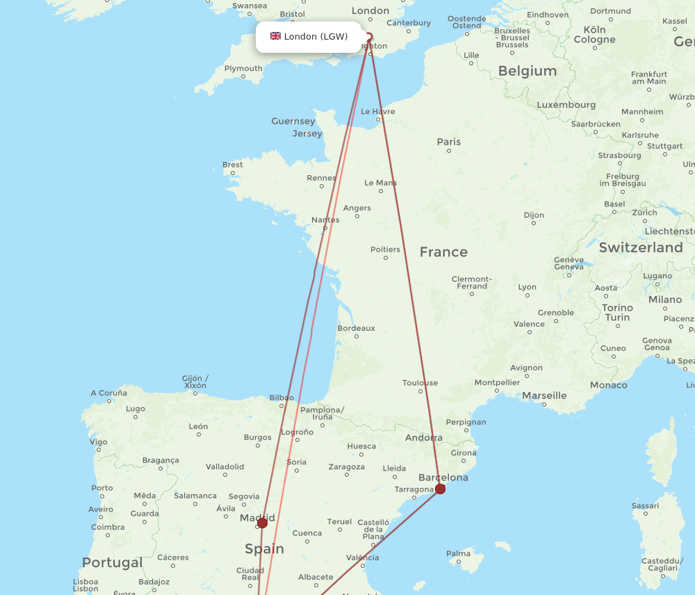GRX to LGW flights and routes map