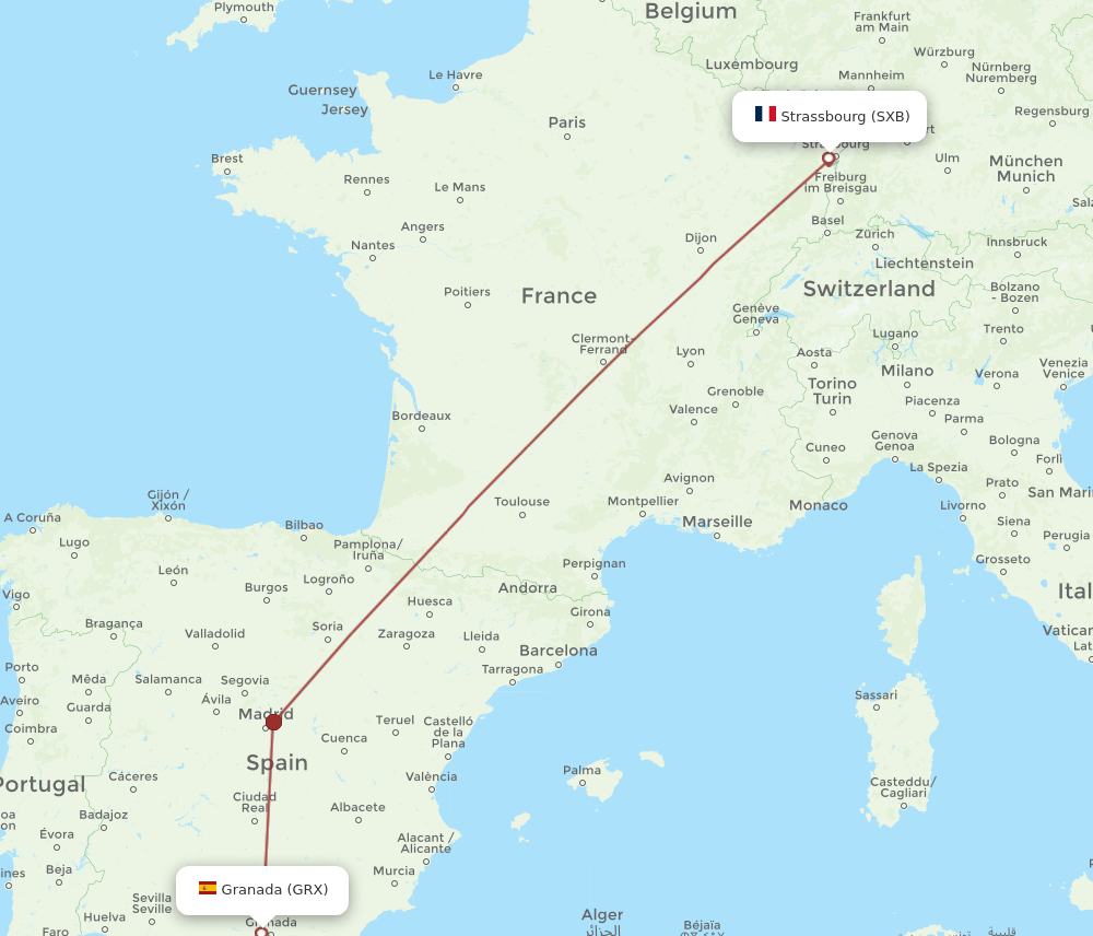 Strasbourg - Granada route map and flight paths