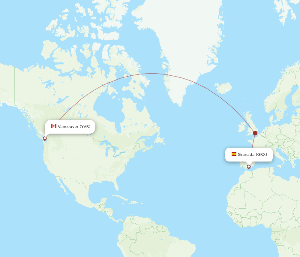 Vancouver - Granada route map and flight paths