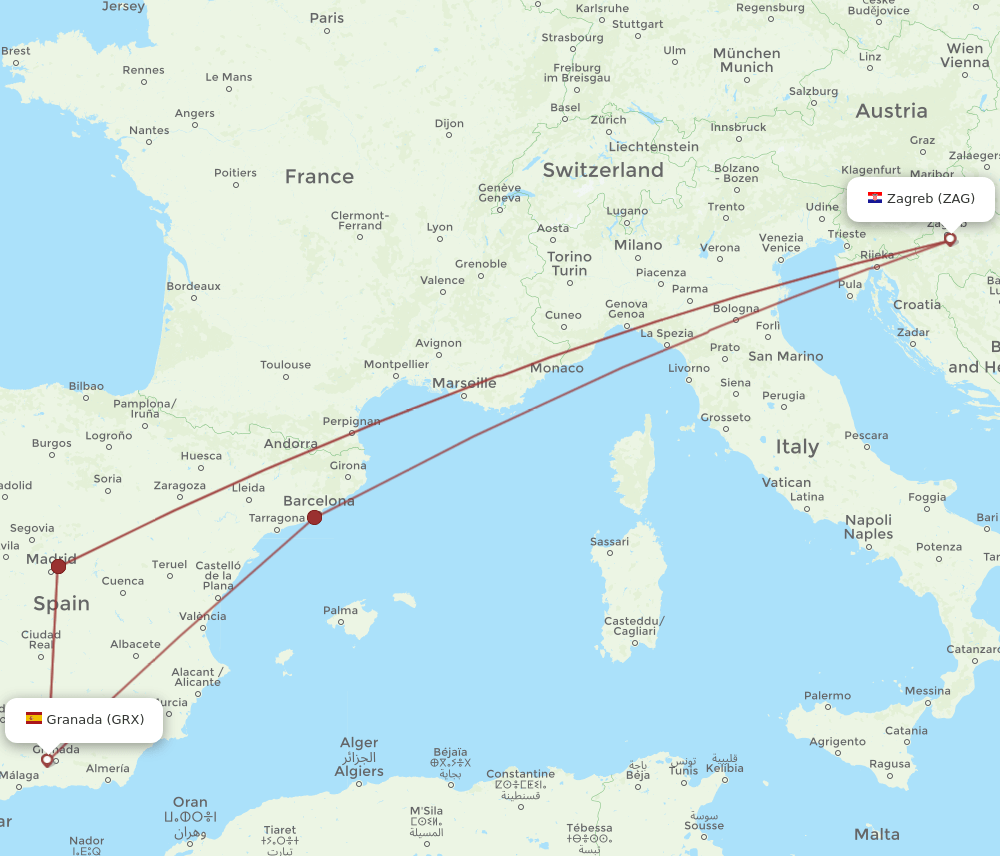 GRX-ZAG flight routes