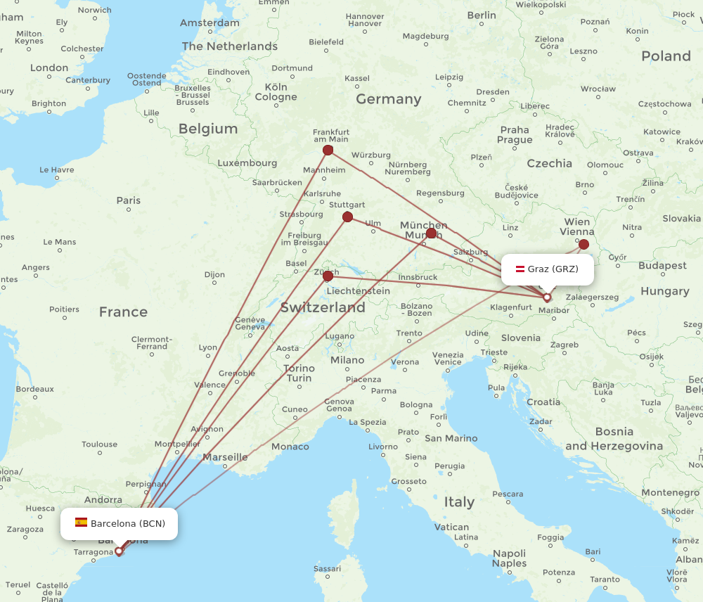 GRZ to BCN flights and routes map