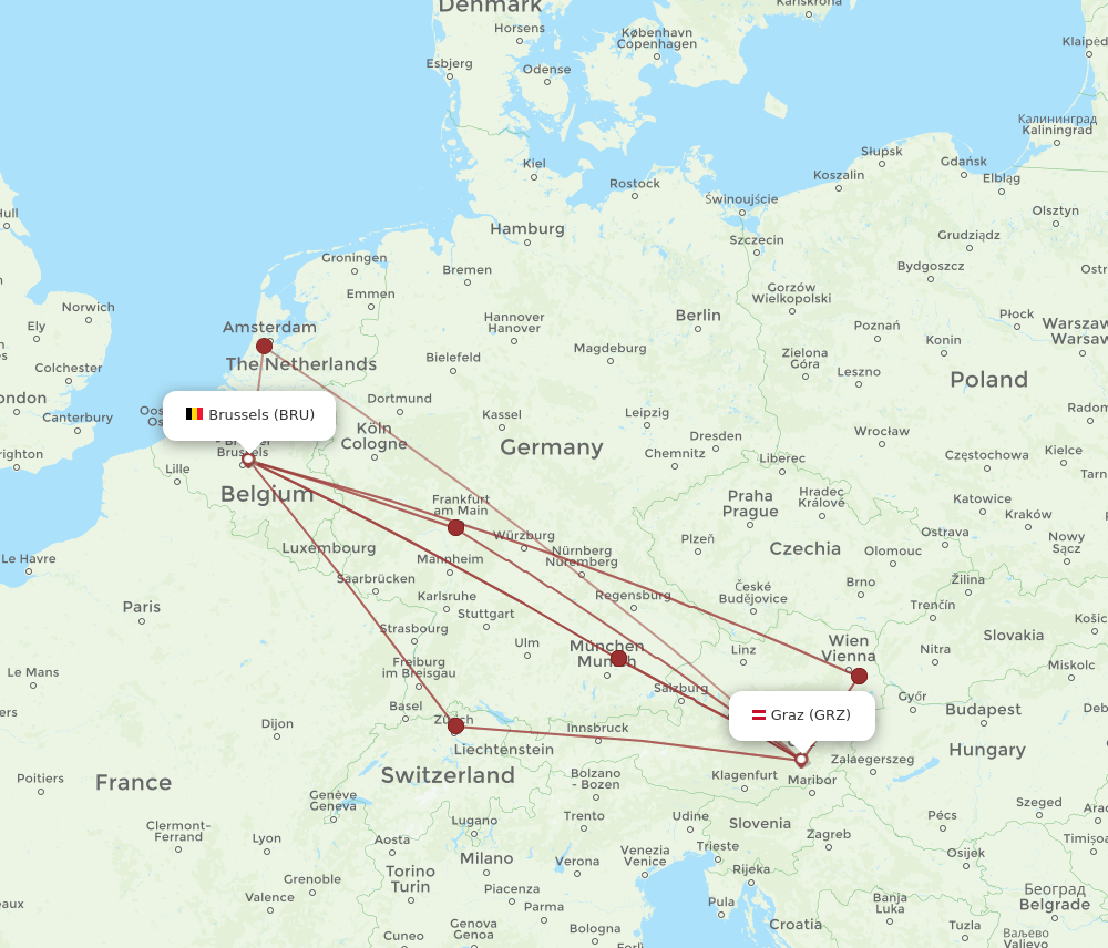 GRZ to BRU flights and routes map