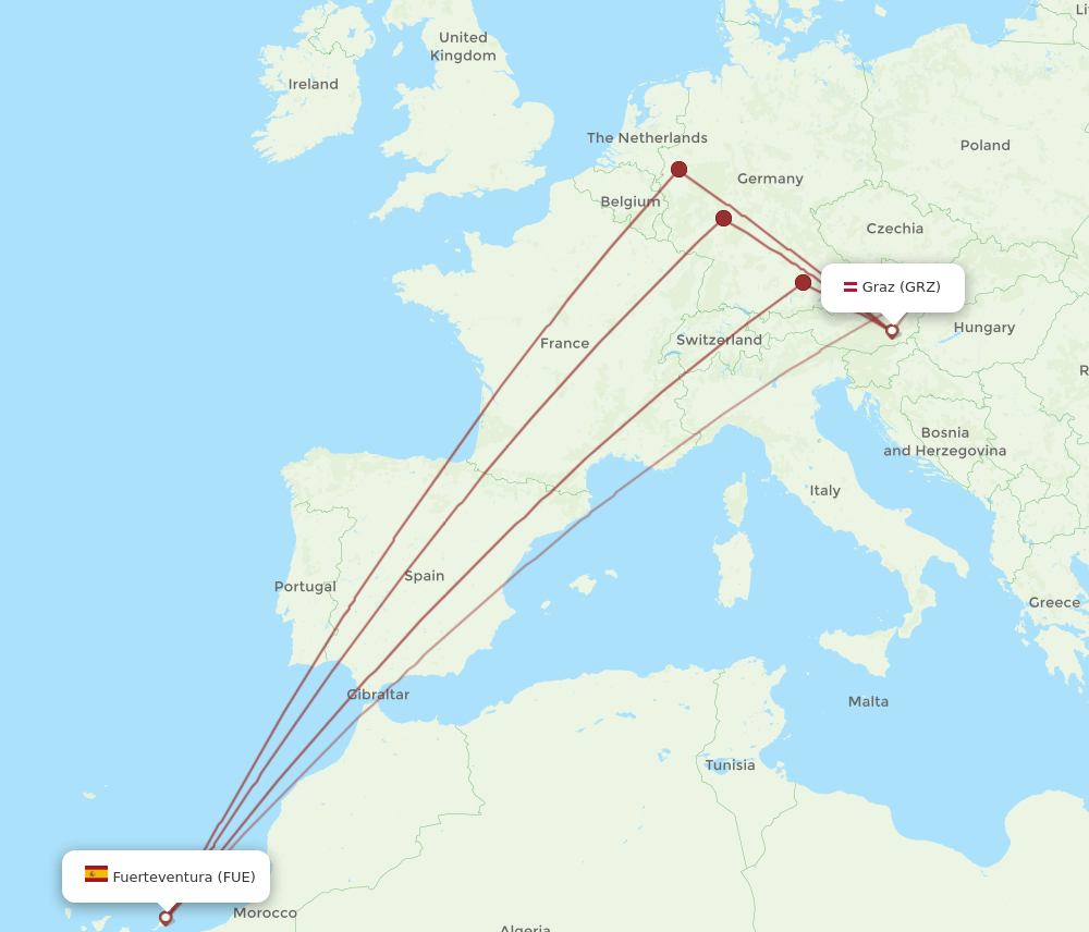 GRZ to FUE flights and routes map