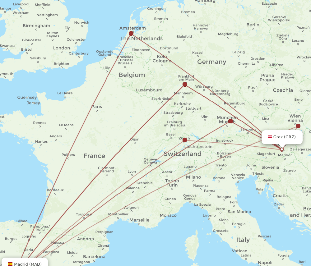 GRZ to MAD flights and routes map