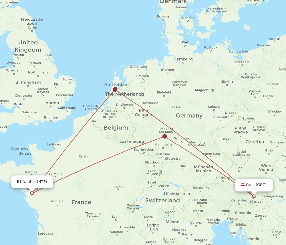 GRZ to NTE flights and routes map