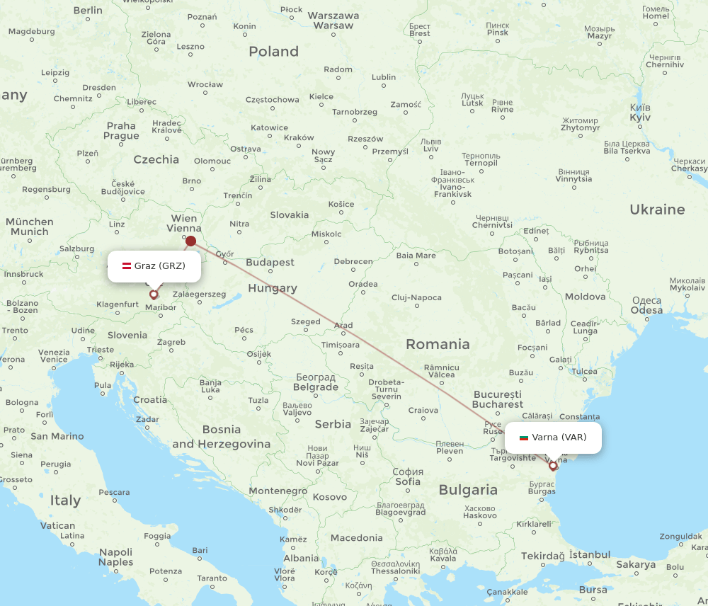 Varna - Graz route map and flight paths