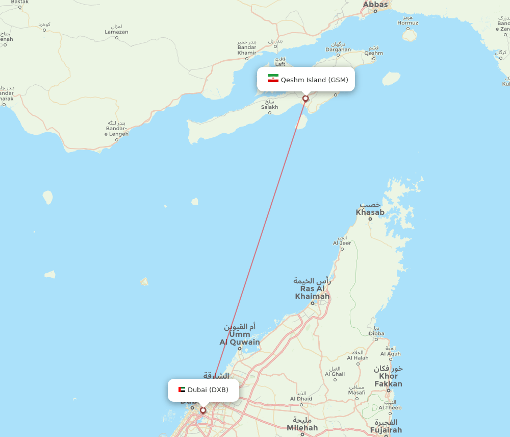Qeshm Island - Dubai route map and flight paths