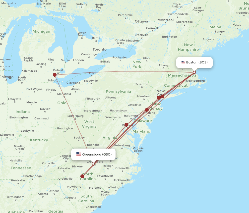 GSO-BOS flight routes