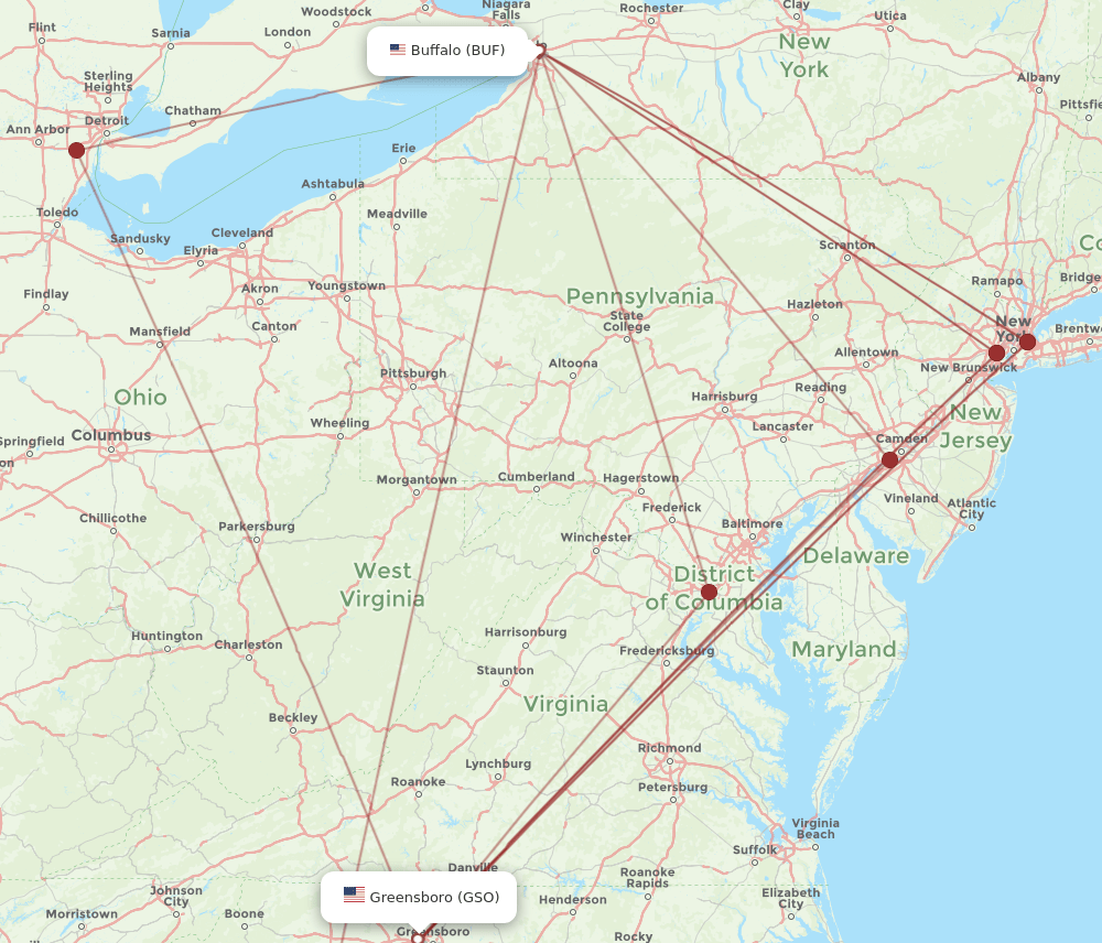 GSO to BUF flights and routes map