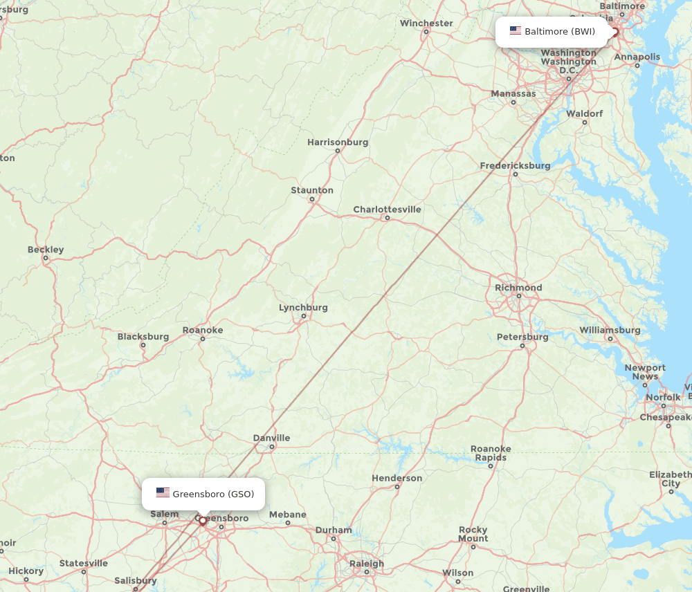 GSO to BWI flights and routes map