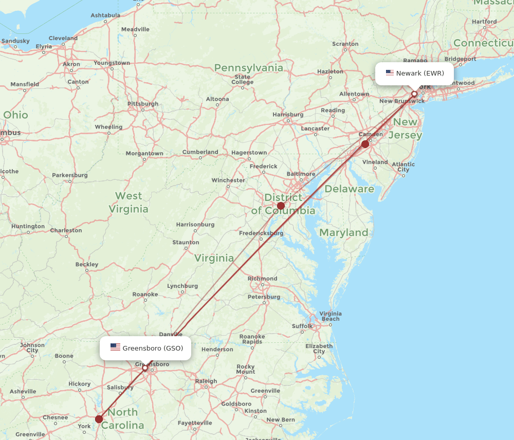 GSO-EWR flight routes