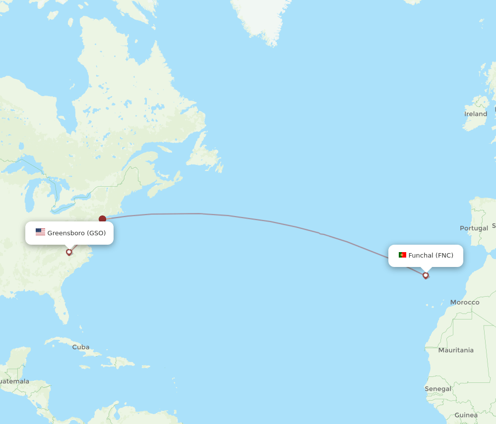 Funchal - Greensboro/High Point route map and flight paths