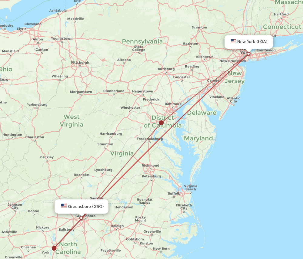 GSO-LGA flight routes