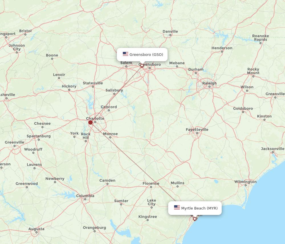 GSO to MYR flights and routes map