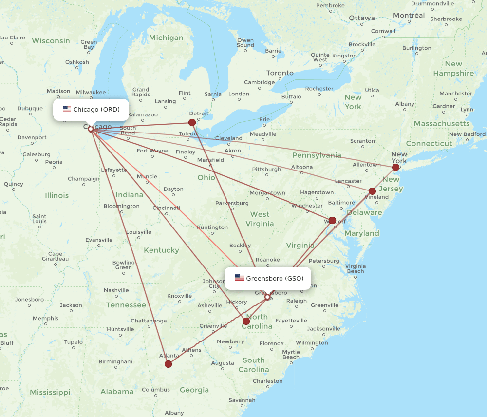 GSO-ORD flight routes