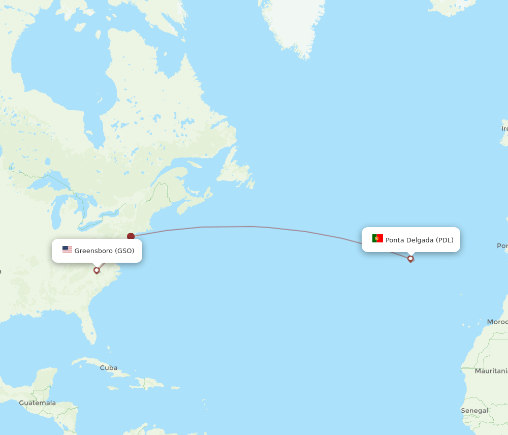 Ponta Delgada (Azores) - Greensboro/High Point route map and flight paths