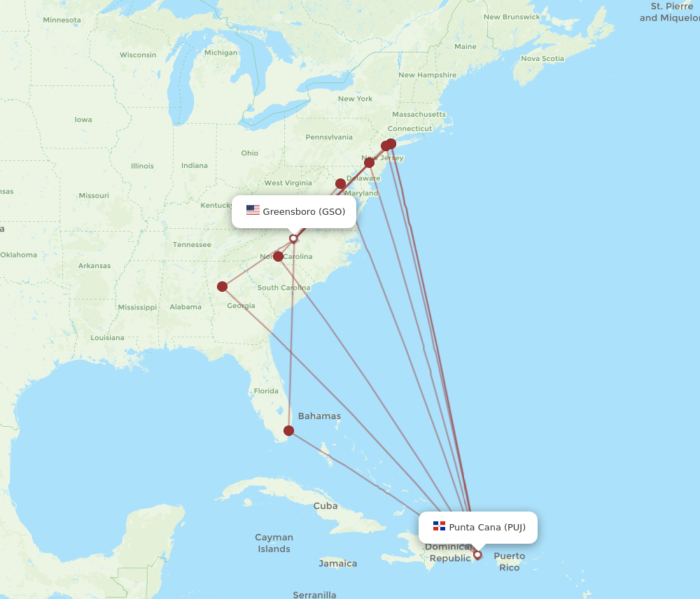 GSO to PUJ flights and routes map