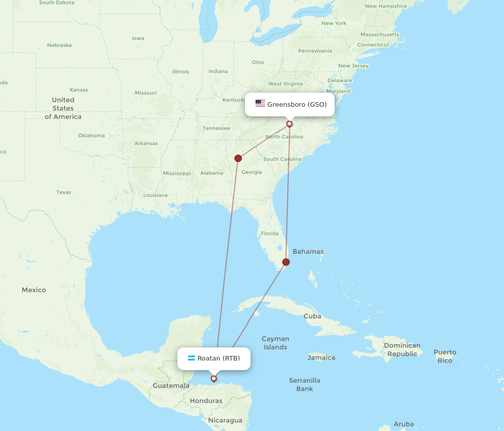 GSO to RTB flights and routes map