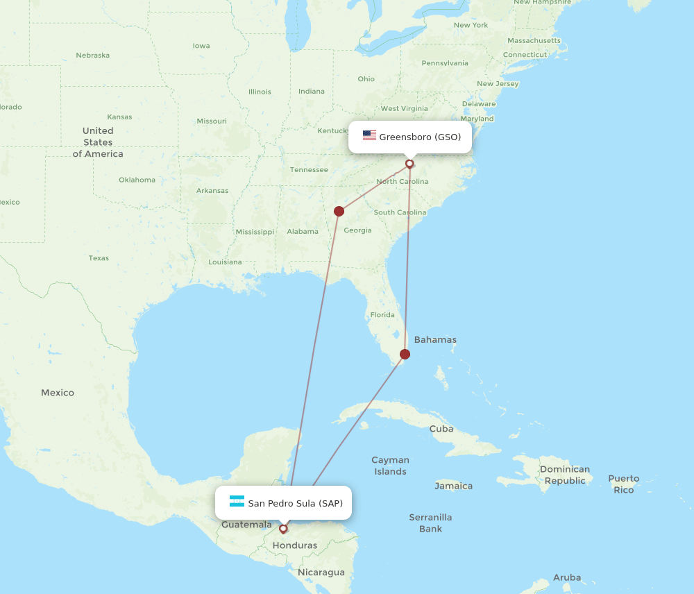 GSO to SAP flights and routes map
