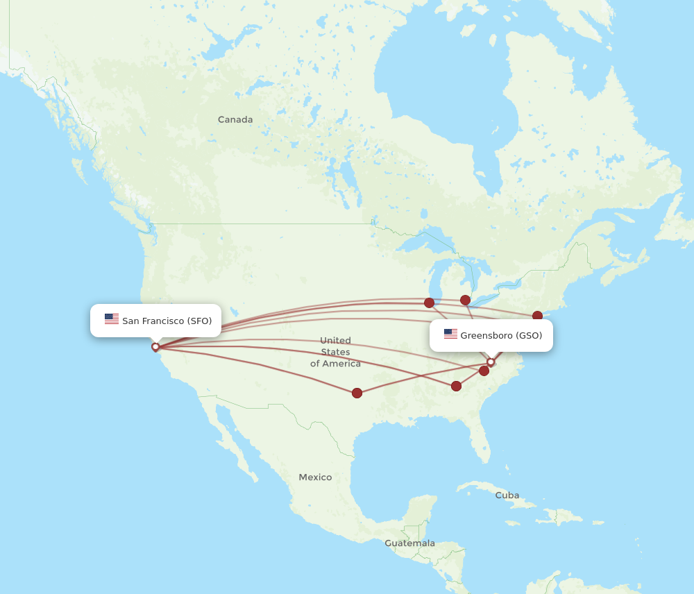 GSO to SFO flights and routes map