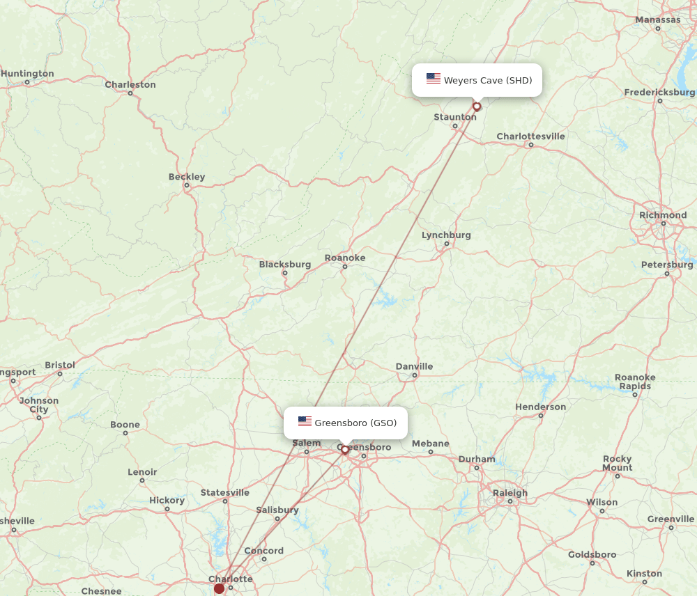GSO to SHD flights and routes map