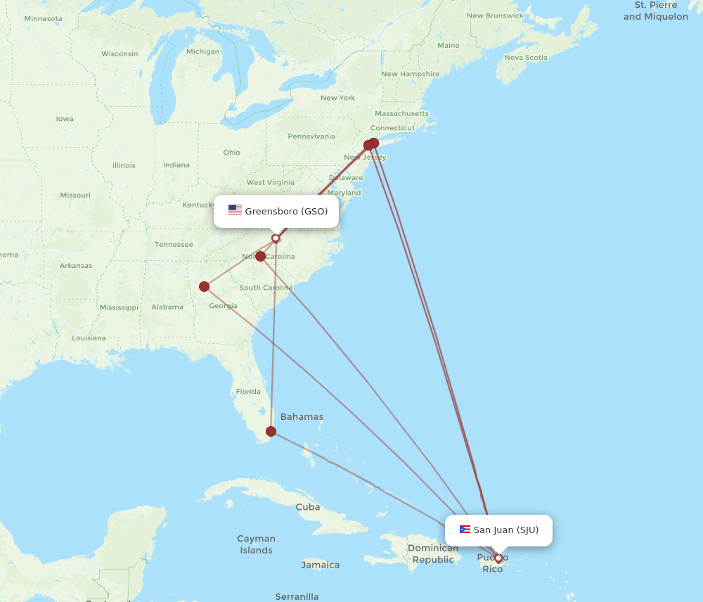 GSO to SJU flights and routes map