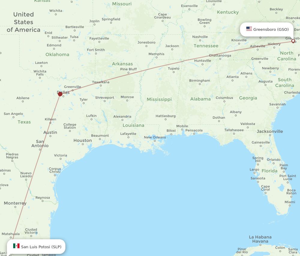 GSO to SLP flights and routes map