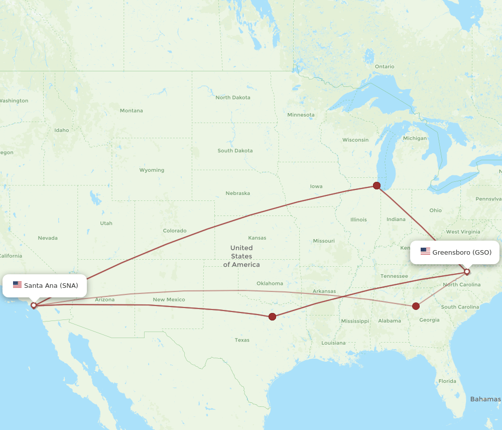 GSO-SNA flight routes