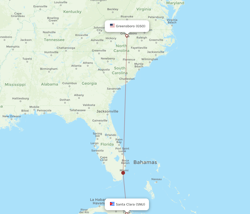 Santa Clara - Greensboro/High Point route map and flight paths