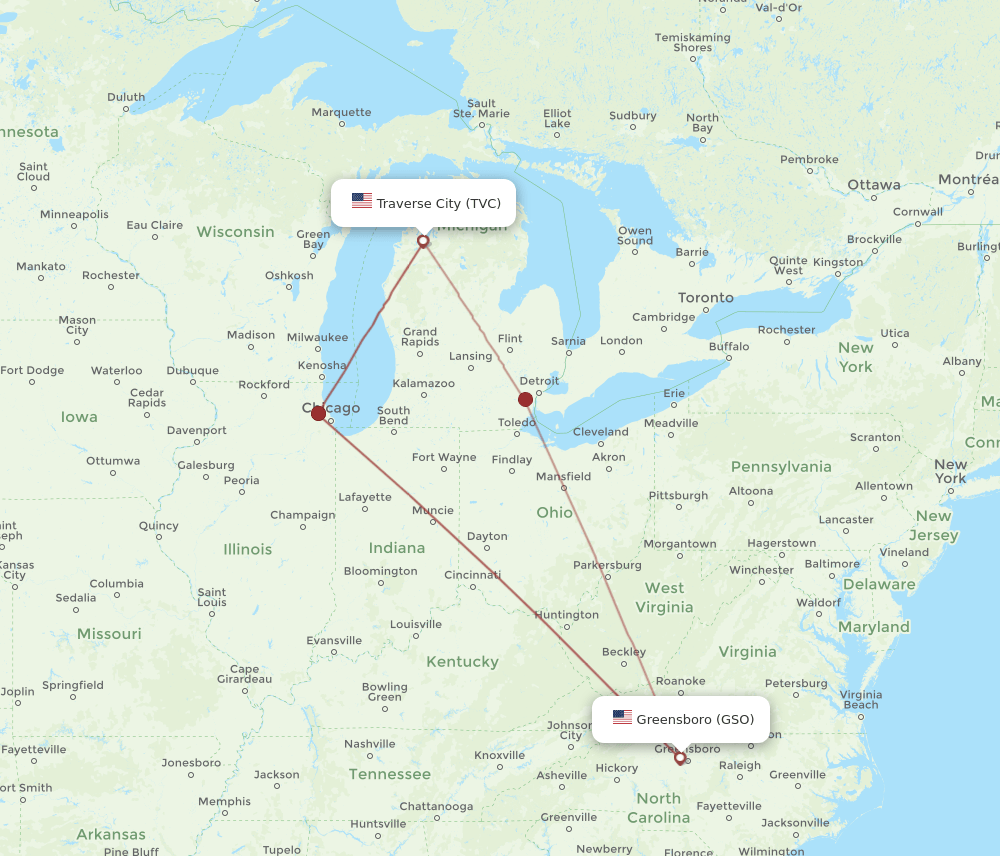 GSO to TVC flights and routes map