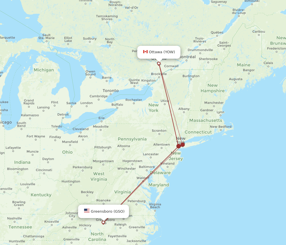 GSO to YOW flights and routes map