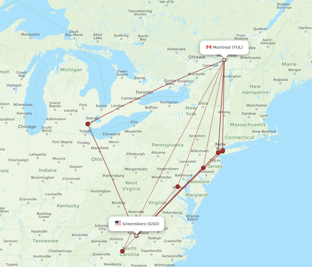 GSO-YUL flight routes