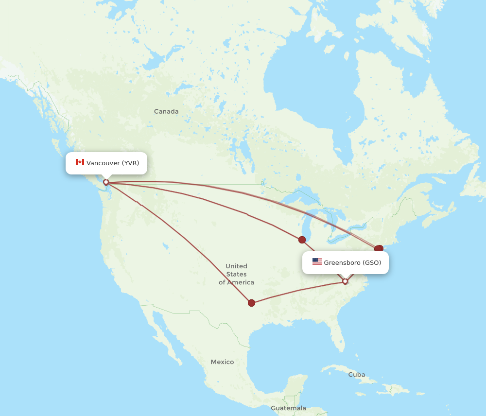 YVR to GSO flights and routes map