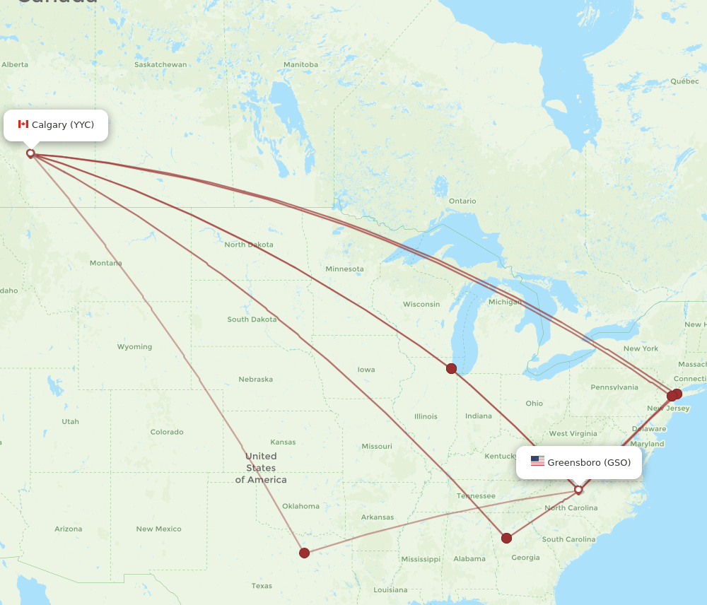 Calgary - Greensboro/High Point route map and flight paths